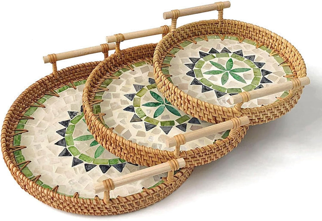 Woven Round Rattan Tray With Mother Of Pearl Inlay with Handles