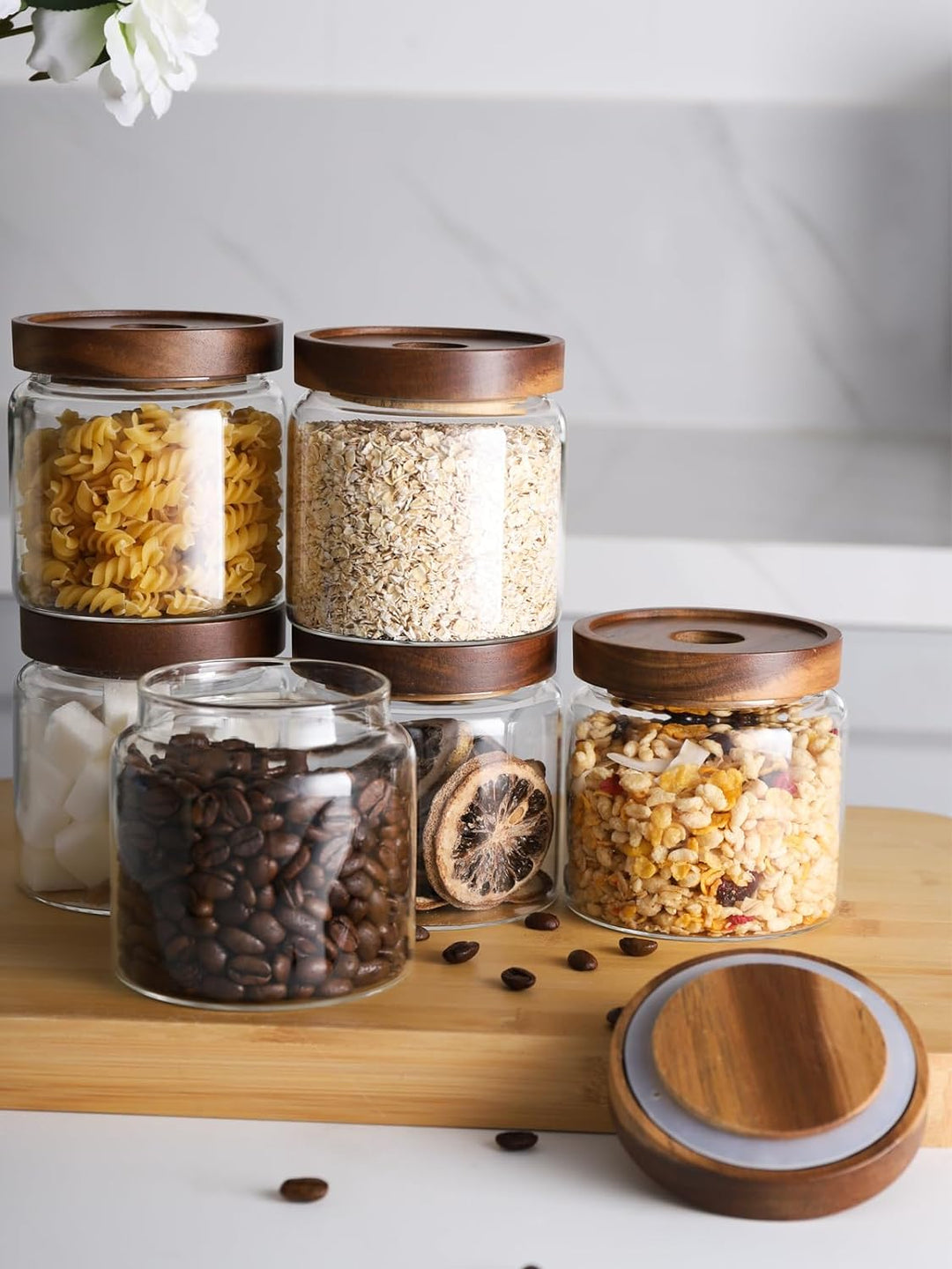 480ML Glass food storage jars with acacia wood lids with preprinted pantry labels- pack of 8 pcs