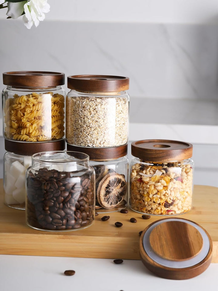 480ML Glass food storage jars with acacia wood lids with preprinted pantry labels- pack of 8 pcs