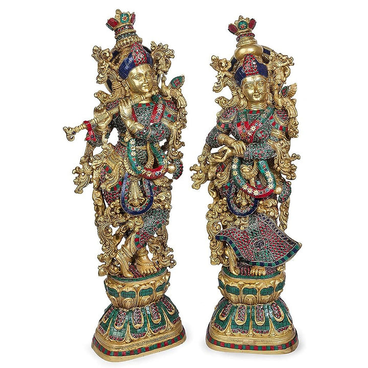 Radha Krishna Statue with Beautiful Multi color stone work