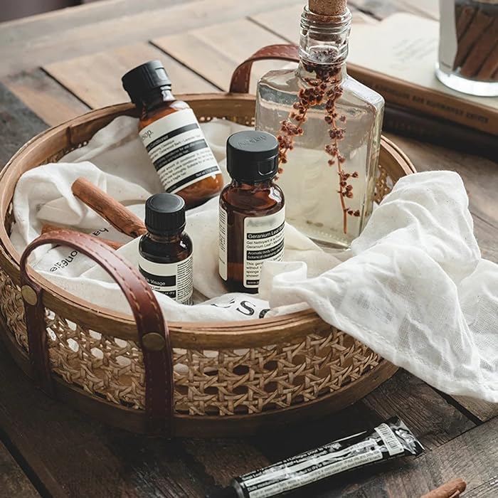 Handwoven Rattan Basket/Tray with Leather handles