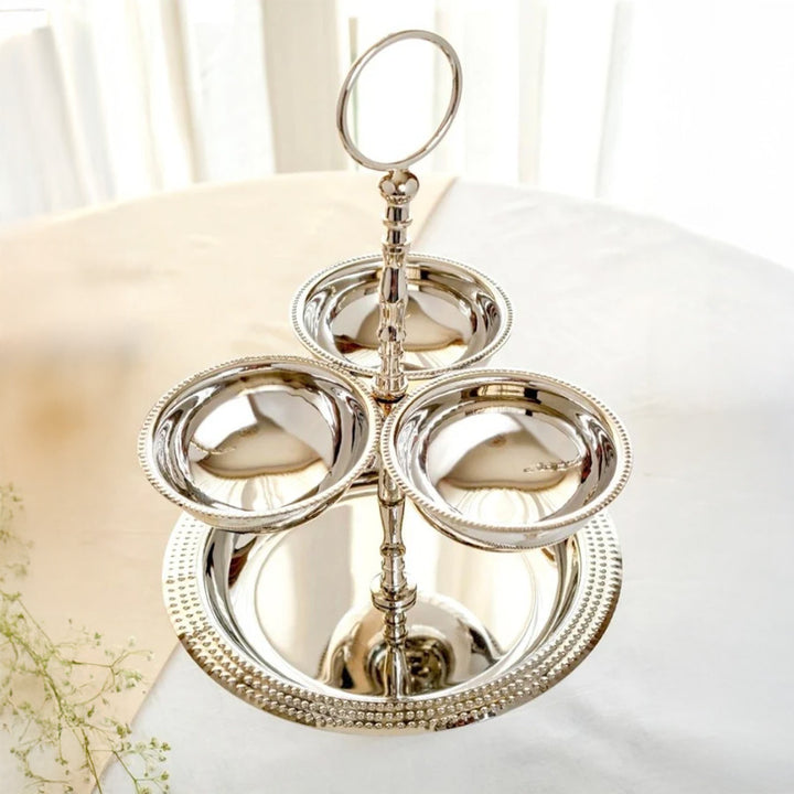 Zarif Elegant 2-Tier Silver-Plated Serving Stand with  Bowls & Plate on Brass Base