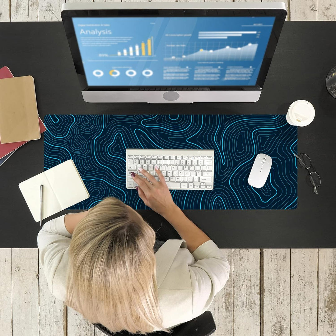 Ovenbird OB-MP014C Large Gaming Mouse Pad with Stitched Edges, Minimalist Topographic Map Desk Mat, Extended XL Mousepad with Anti-Slip Base, Cool Desk Pad for Keyboard and Mouse, 31.5 x 11.8 in, Blue