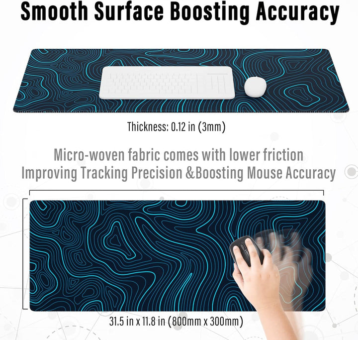 Ovenbird OB-MP014C Large Gaming Mouse Pad with Stitched Edges, Minimalist Topographic Map Desk Mat, Extended XL Mousepad with Anti-Slip Base, Cool Desk Pad for Keyboard and Mouse, 31.5 x 11.8 in, Blue