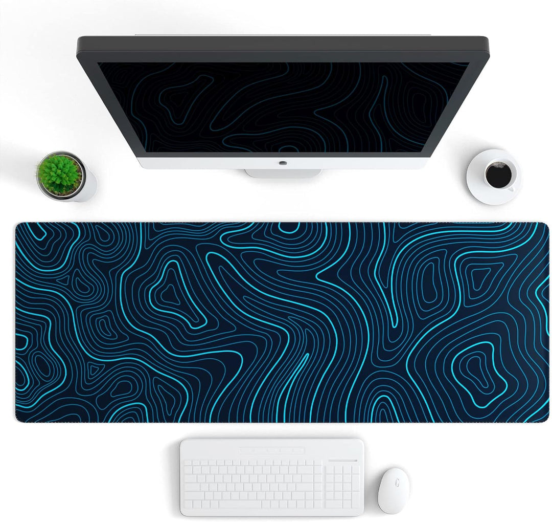 Ovenbird OB-MP014C Large Gaming Mouse Pad with Stitched Edges, Minimalist Topographic Map Desk Mat, Extended XL Mousepad with Anti-Slip Base, Cool Desk Pad for Keyboard and Mouse, 31.5 x 11.8 in, Blue