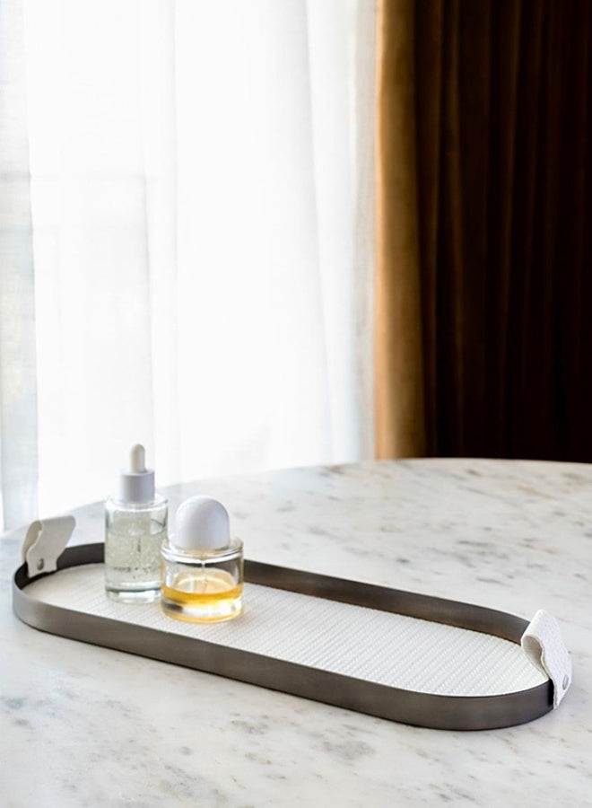 Beige Capsule LeatherTray in Brushed Steel Finish by Casa Quesera