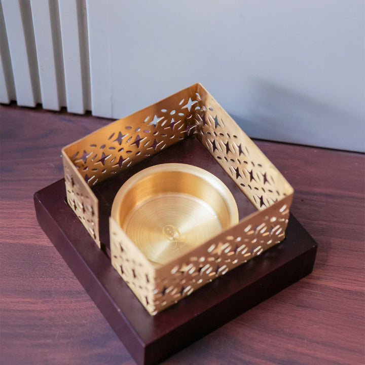 Mehraab Brass Jali Incense Burner with Solid natural Wooden Base