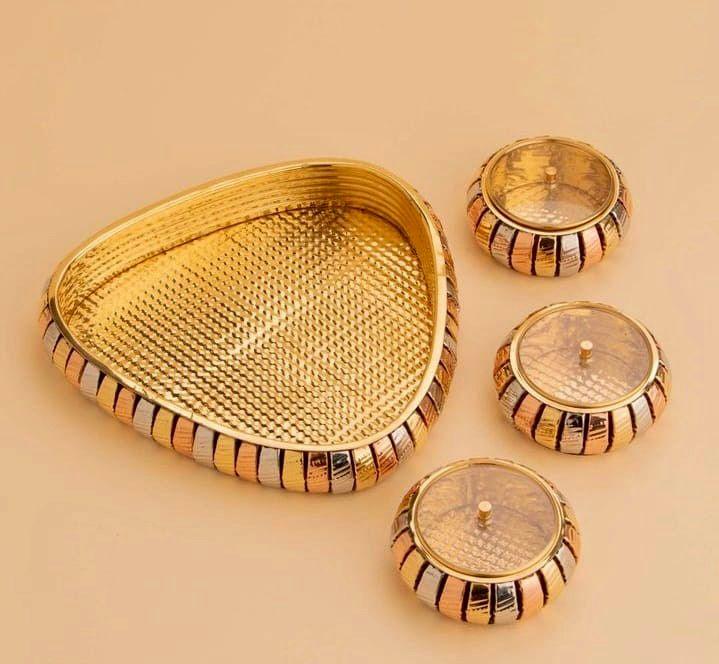 Brass Dry fruit Box with 3 bowls & tray - QUESERA OFFICIAL