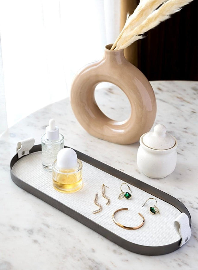 Beige Capsule LeatherTray in Brushed Steel Finish by Casa Quesera