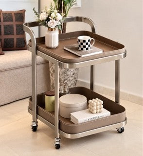 Casa Quesera Dovelle Luxe Saddle Leather 2-Tier Table on Wheels- desert sand