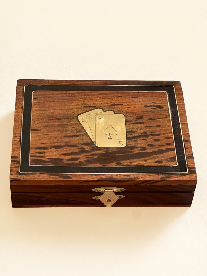 handmade solid wood brown playing card box with 2 golden card deck with lock