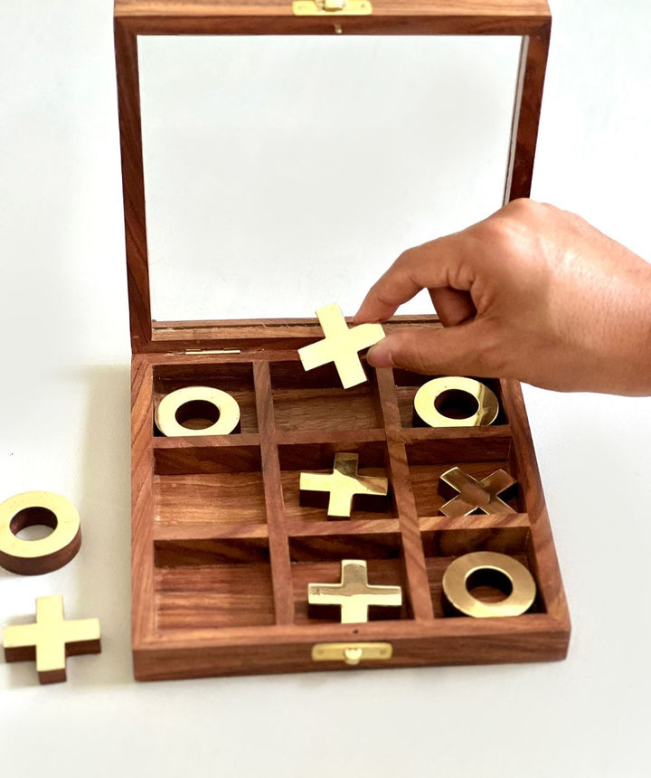 wooden tic tac toe with brass finishing