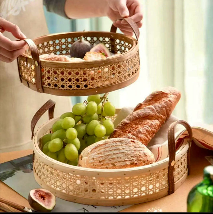 Handwoven Rattan Basket/Tray with Leather handles