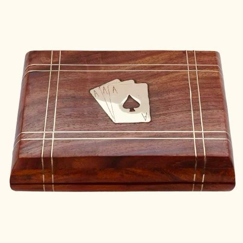 handmade solid wood brown playing card box with 2 golden card deck