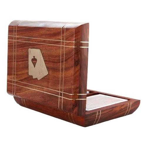 handmade solid wood brown playing card box with 2 golden card deck