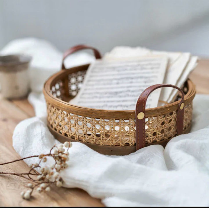 Handwoven Rattan Basket/Tray with Leather handles