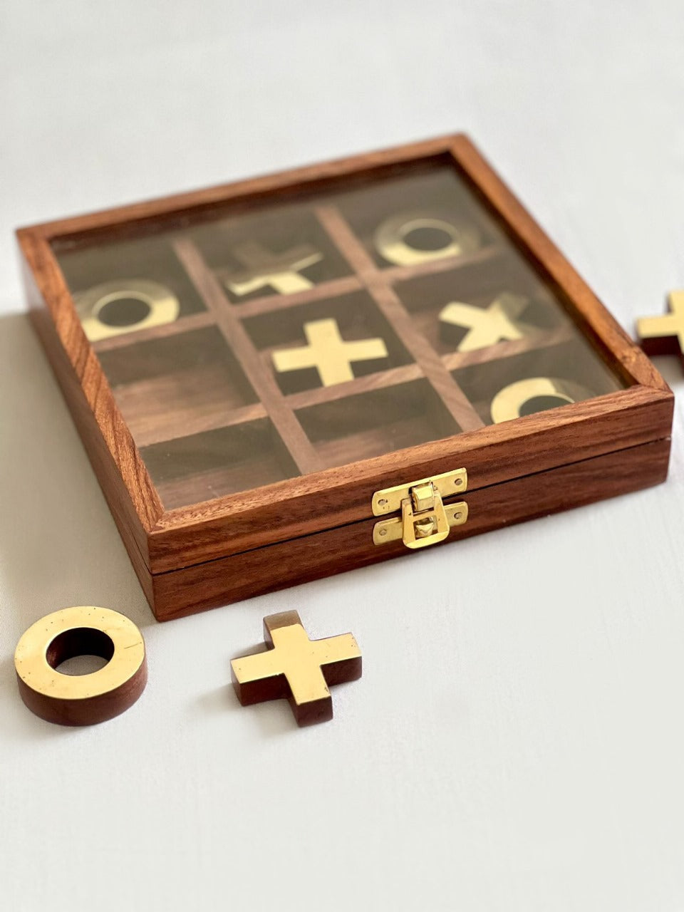 wooden tic tac toe with brass finishing