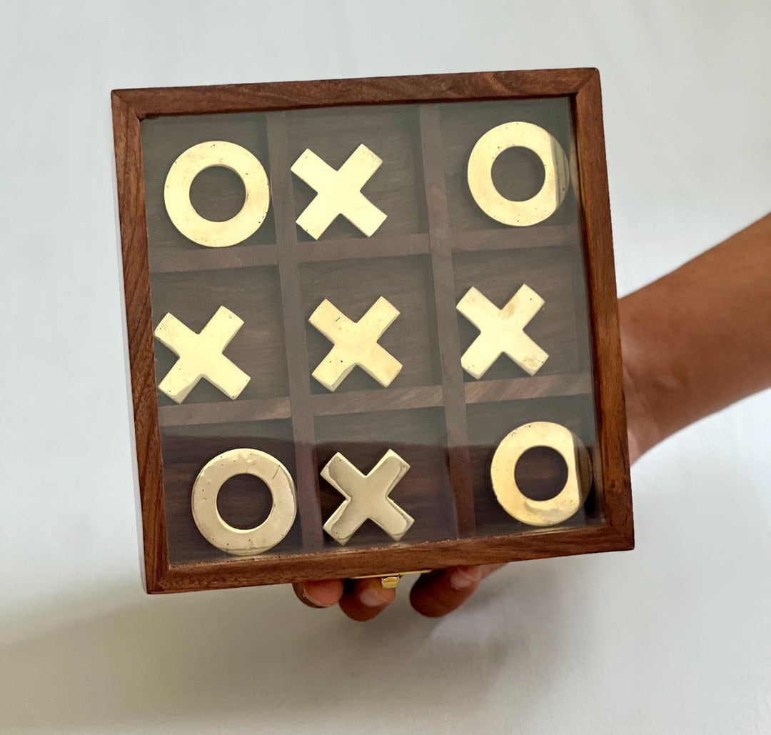 wooden tic tac toe with brass finishing