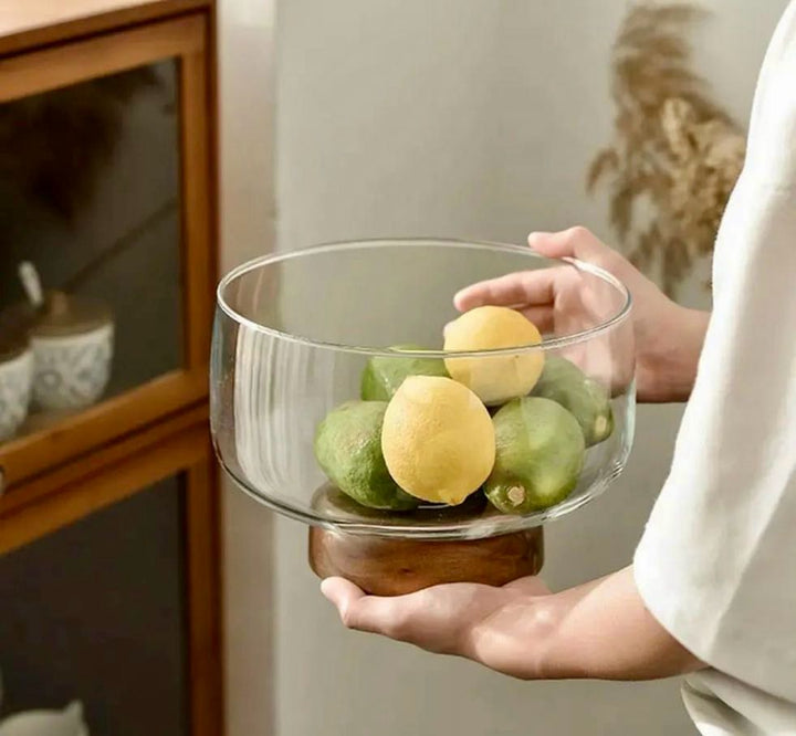 European Glass  and walnut wooden Fruit Bowl