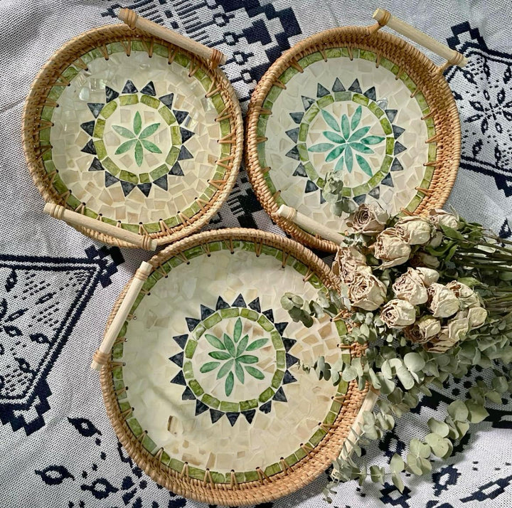 Woven Round Rattan Tray With Mother Of Pearl Inlay with Handles