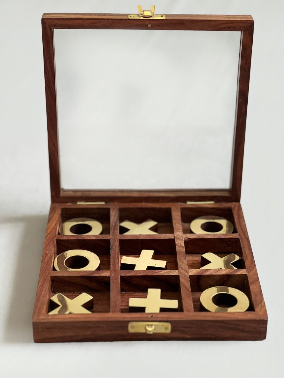 wooden tic tac toe with brass finishing