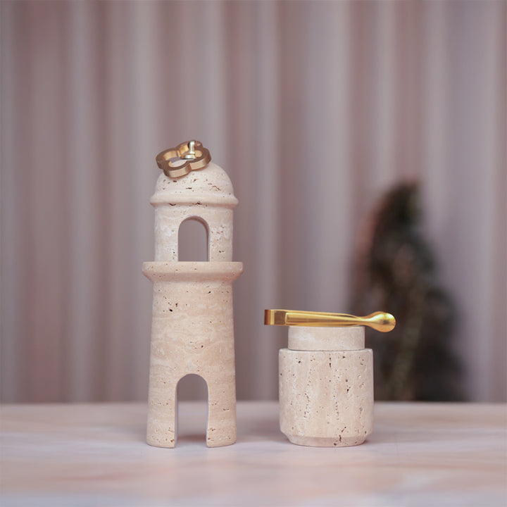 Terra Travertine Aroma Tower Bakhoor Burner Set with Storage Box and Tong by Casa Quesera