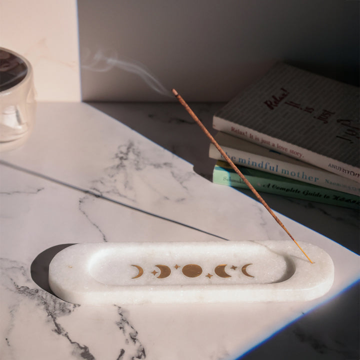 Moon Whisper Natural Marble and Brass Incense Holder by Casa Quesera