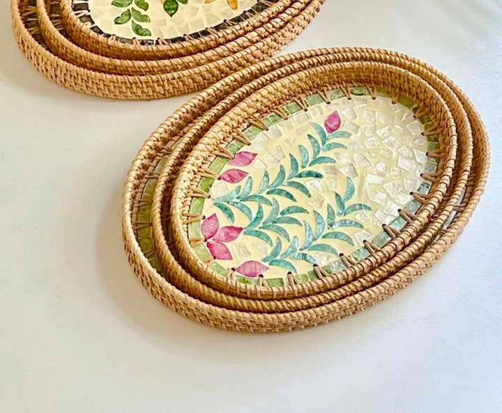 Handwoven Rattan Oval Serving Tray-3 Pc Set