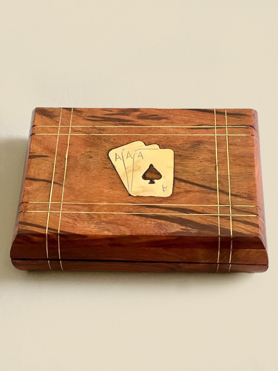 handmade solid wood brown playing card box with 2 golden card deck