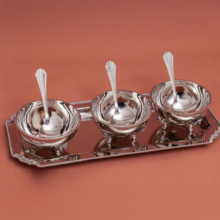 Casa Quesera® Layali Set – Handcrafted Brass Silver Bowl Set with Tray & Spoons