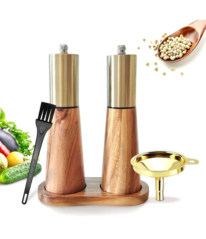 Grinder set with wooden base , Gold funnel , cleaning brush and one wooden spoon