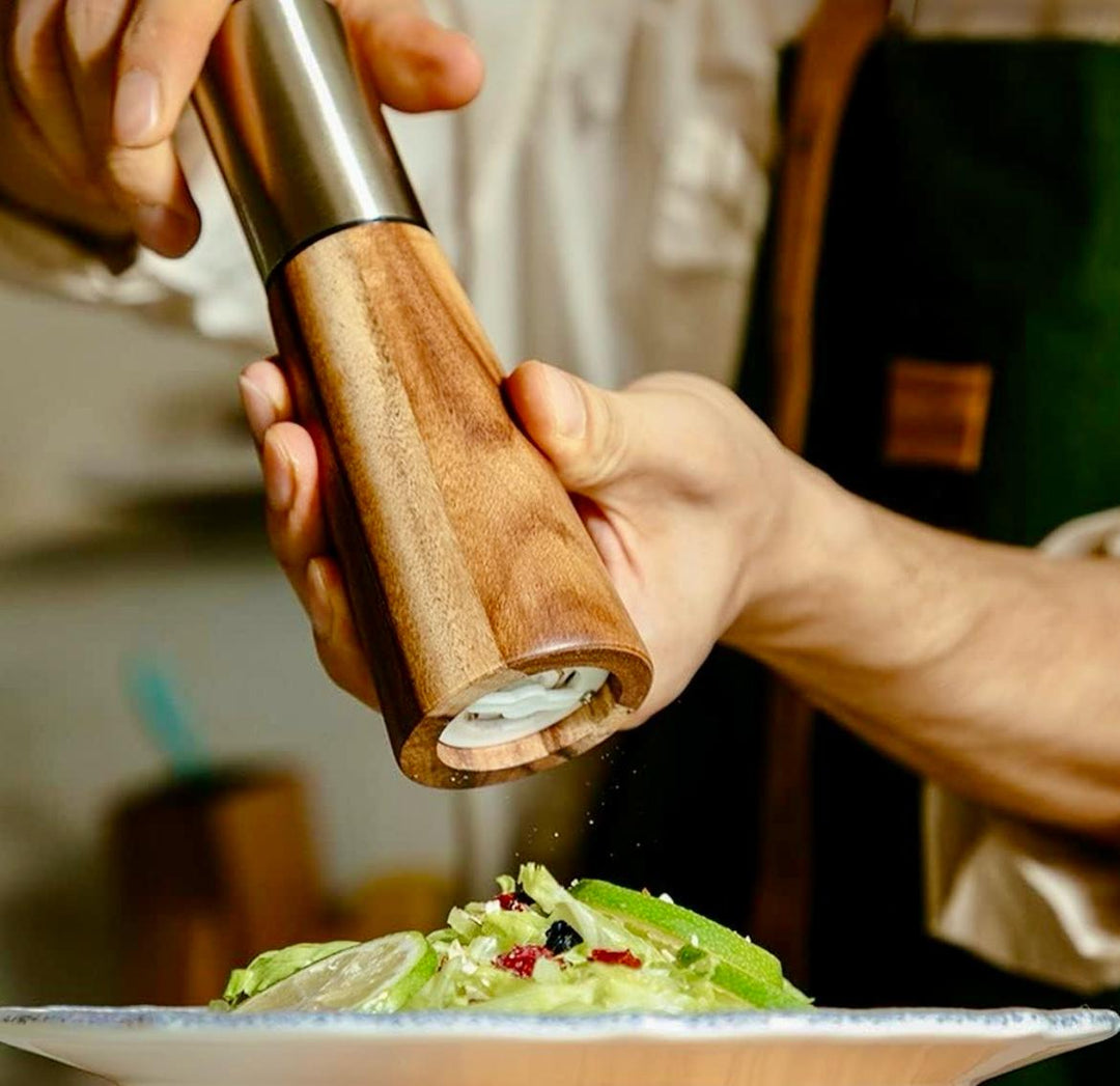 Grinder set with wooden base , Gold funnel , cleaning brush and one wooden spoon