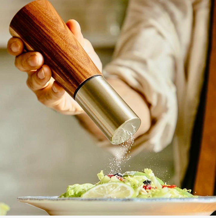 Grinder set with wooden base , Gold funnel , cleaning brush and one wooden spoon