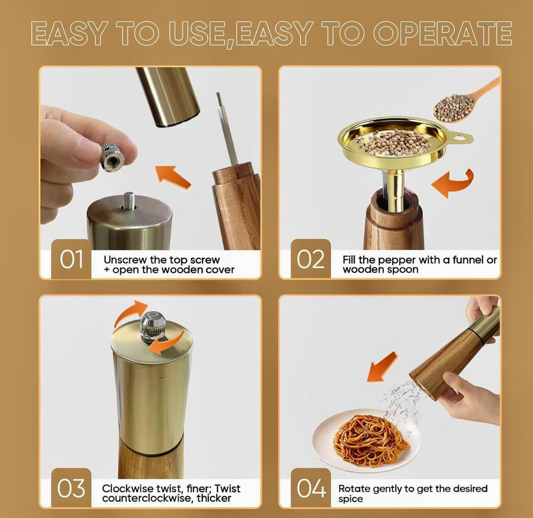 Grinder set with wooden base , Gold funnel , cleaning brush and one wooden spoon