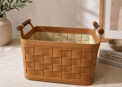 Grid weave leather storage basket