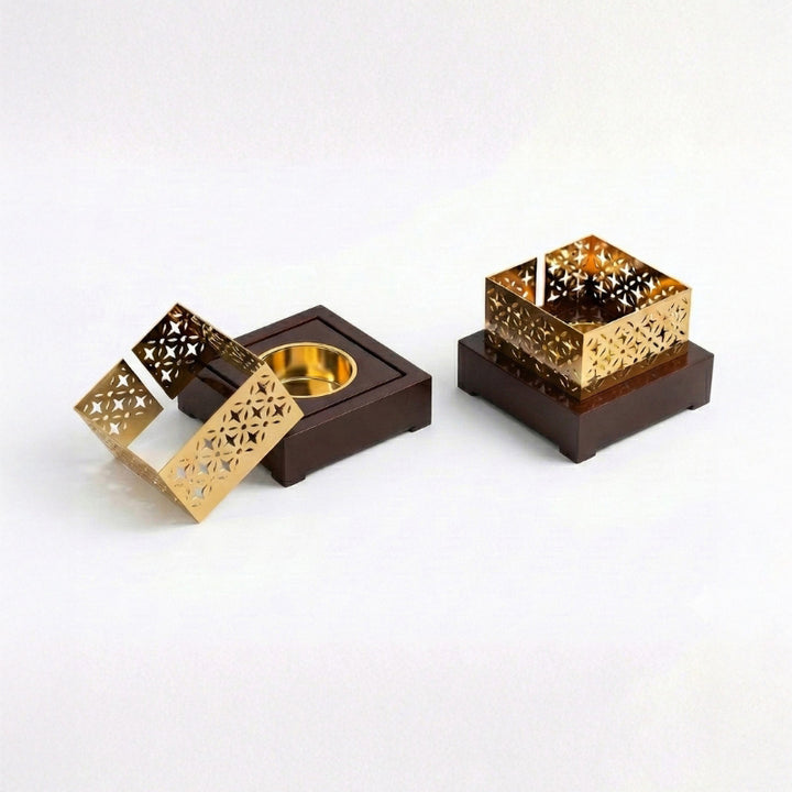 Mehraab Brass Jali Incense Burner with Solid natural Wooden Base