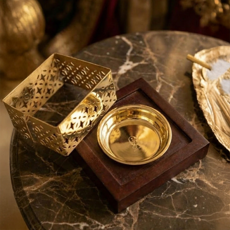 Mehraab Brass Jali Incense Burner with Solid natural Wooden Base