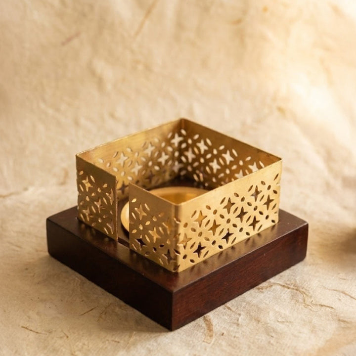 Mehraab Brass Jali Incense Burner with Solid natural Wooden Base