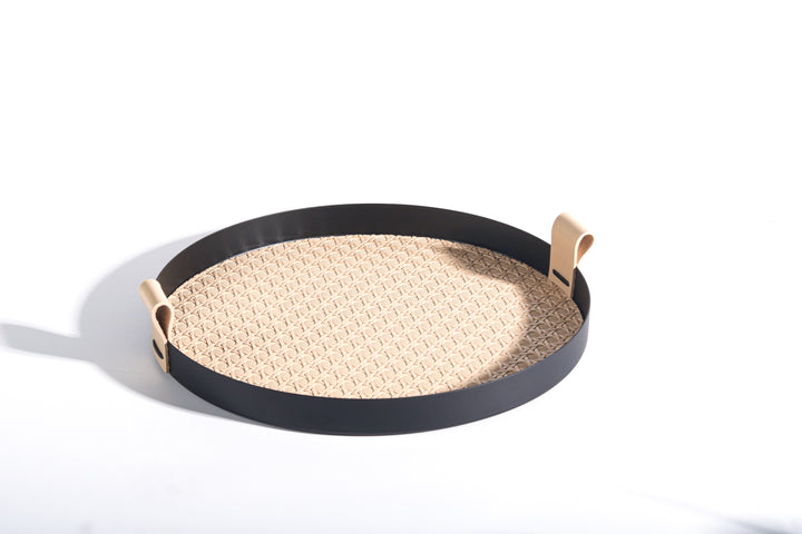 Mitri- round stainlesss steel tray with leather- beige