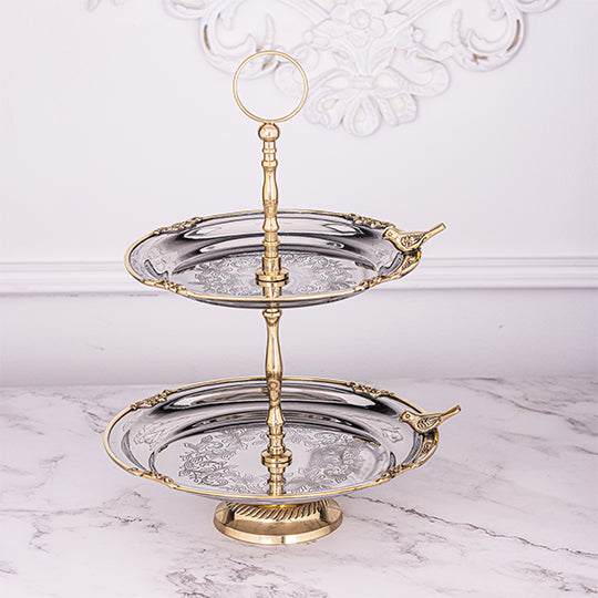 Birds 2 tier cake stand with brass deatiling by Quesera
