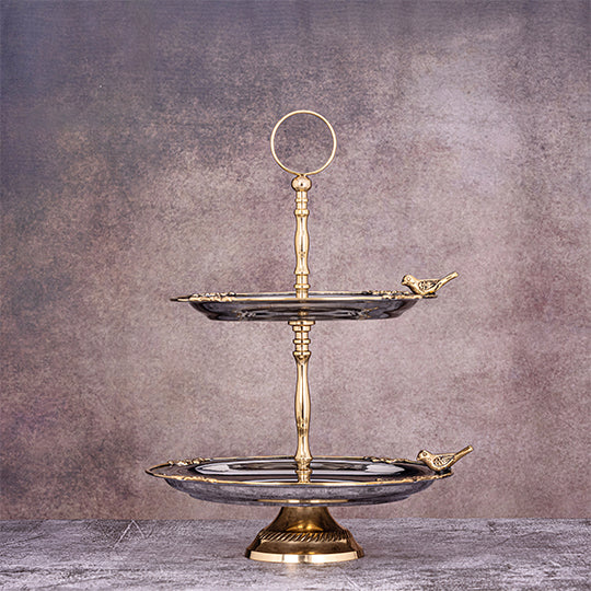 Birds 2 tier cake stand with brass deatiling by Quesera
