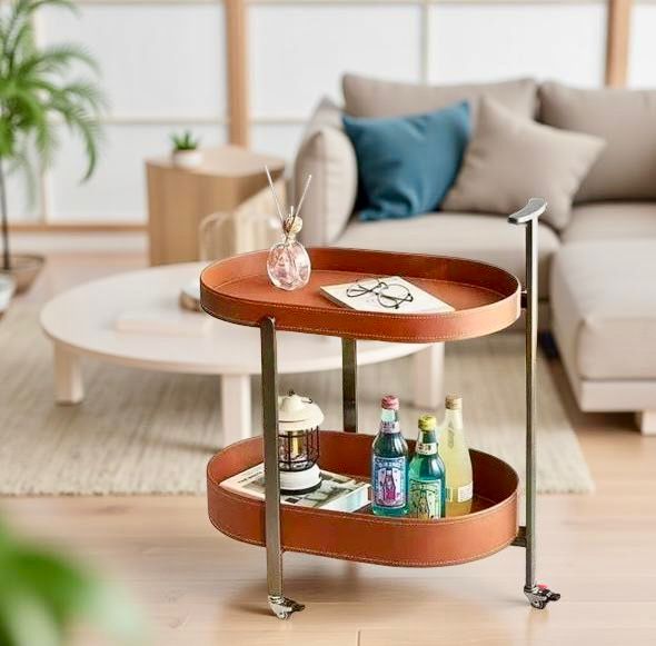 Casa Quesera Pellaro Luxe Saddle Leather 2-Tier Table on Wheels