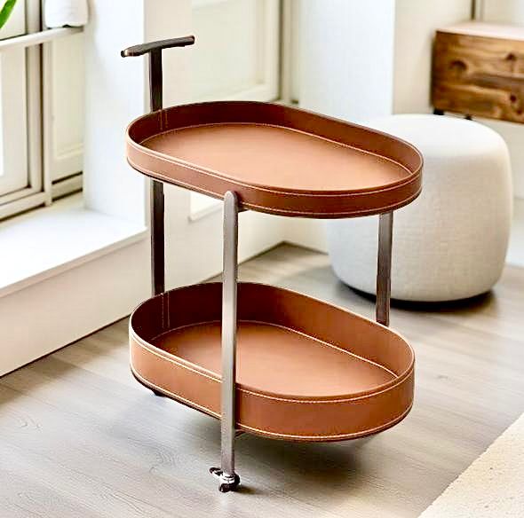 Casa Quesera Pellaro Luxe Saddle Leather 2-Tier Table on Wheels