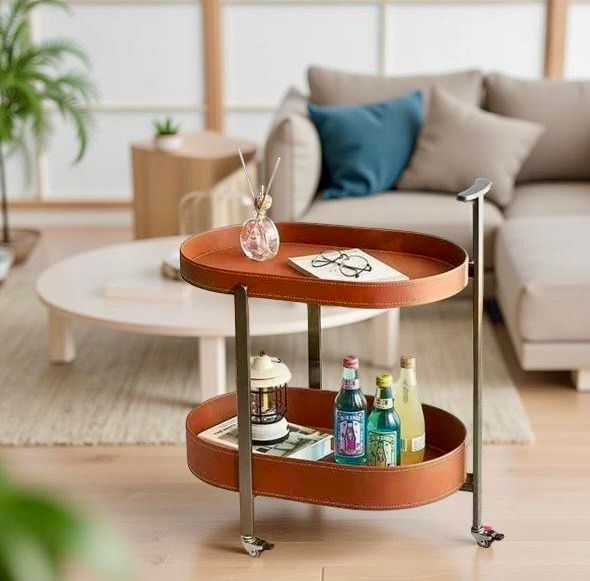 Casa Quesera Pellaro Luxe Saddle Leather 2-Tier Table on Wheels