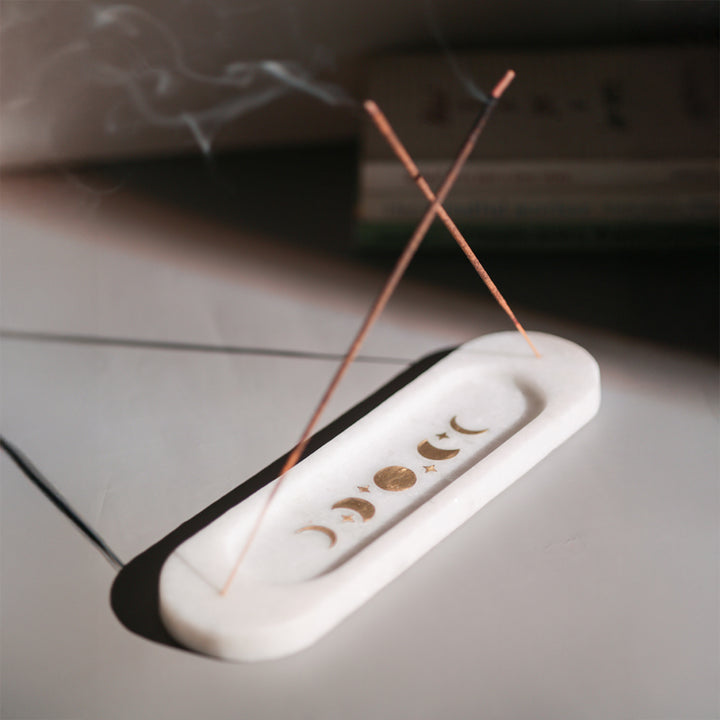 Moon Whisper Natural Marble and Brass Incense Holder by Casa Quesera