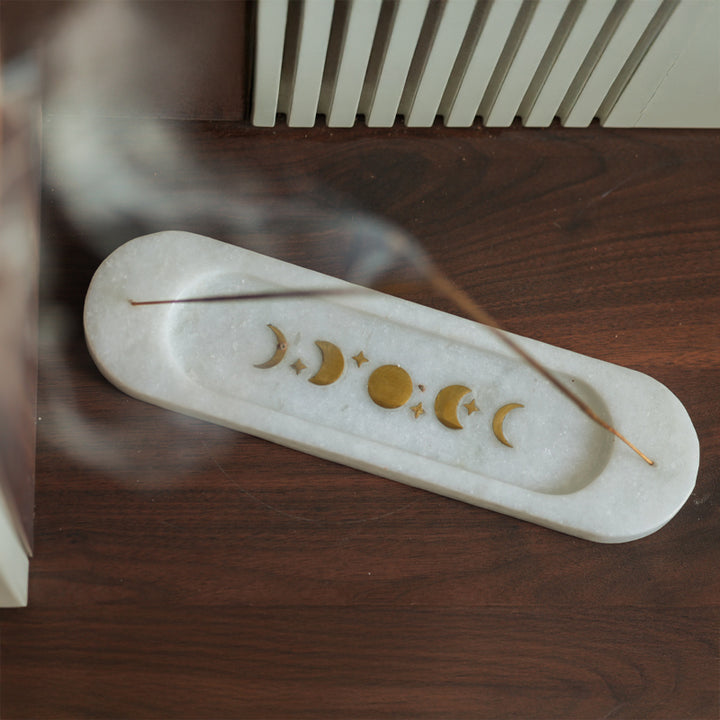 Moon Whisper Natural Marble and Brass Incense Holder by Casa Quesera