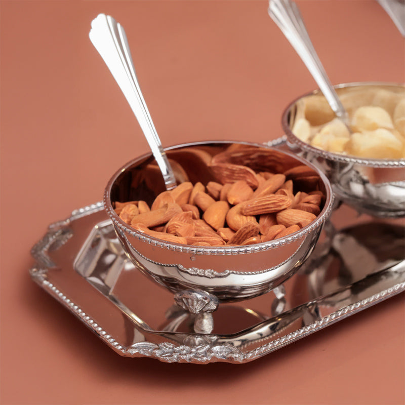Casa Quesera® Layali Set – Handcrafted Brass Silver Bowl Set with Tray & Spoons