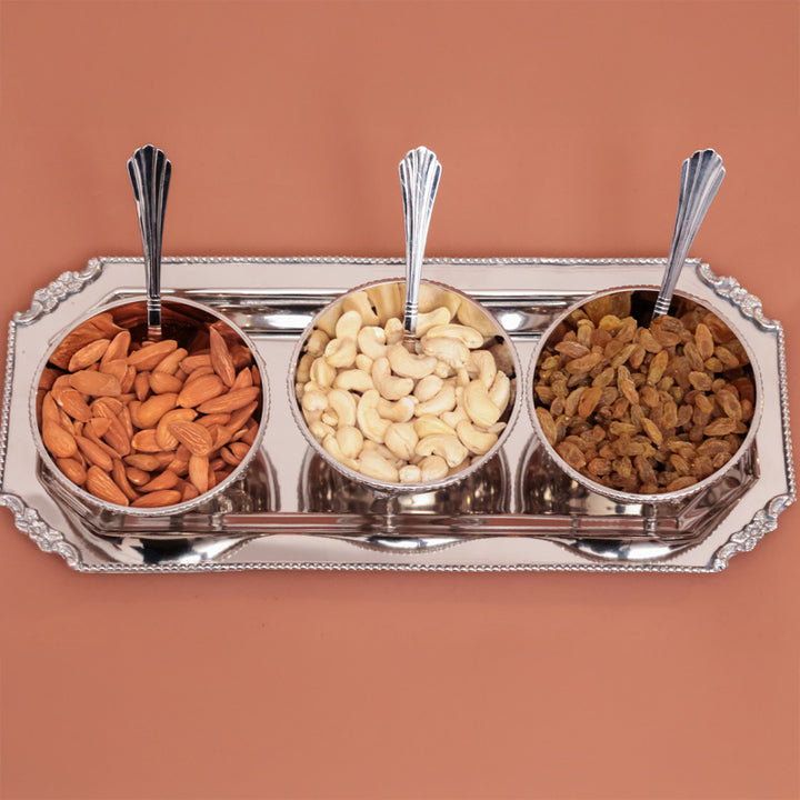 Casa Quesera® Layali Set – Handcrafted Brass Silver Bowl Set with Tray & Spoons