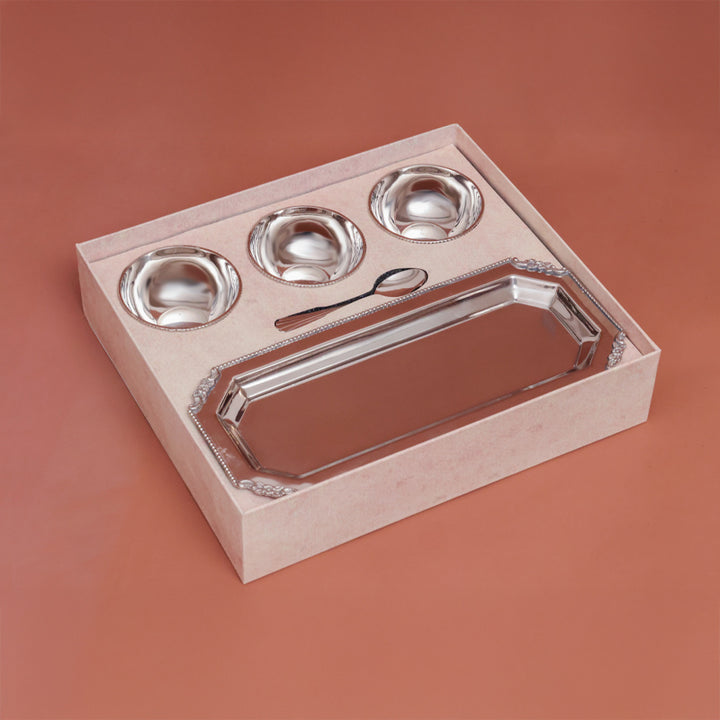 Casa Quesera® Layali Set – Handcrafted Brass Silver Bowl Set with Tray & Spoons