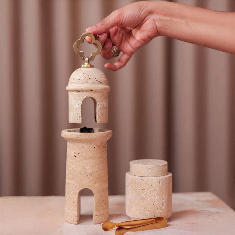 Terra Travertine Aroma Tower Bakhoor Burner Set with Storage Box and Tong by Casa Quesera